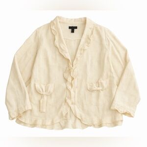 Anne Carson Linen Blend Ruffle Trim Jacket Cream Open Front Cardigan 2X